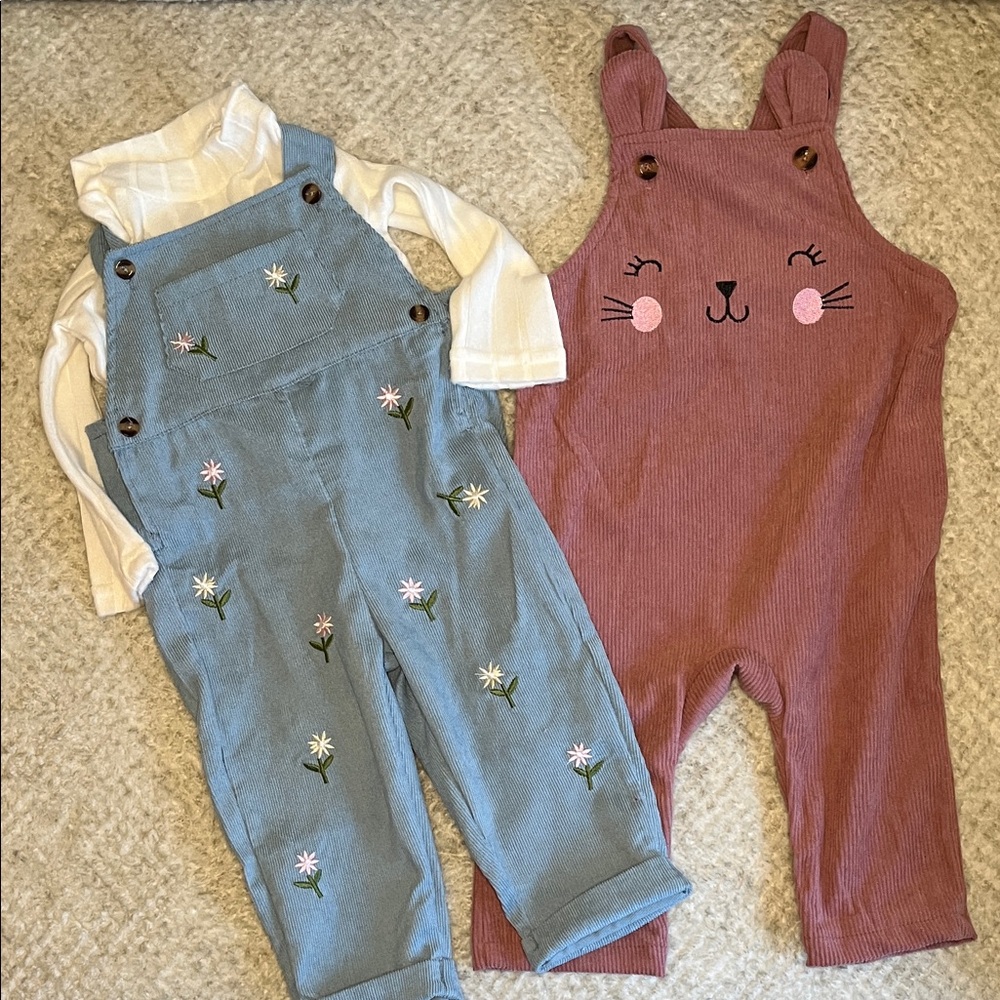 Kids Floral/Bunny Embroidered Corduroy Overalls with White long sleeve